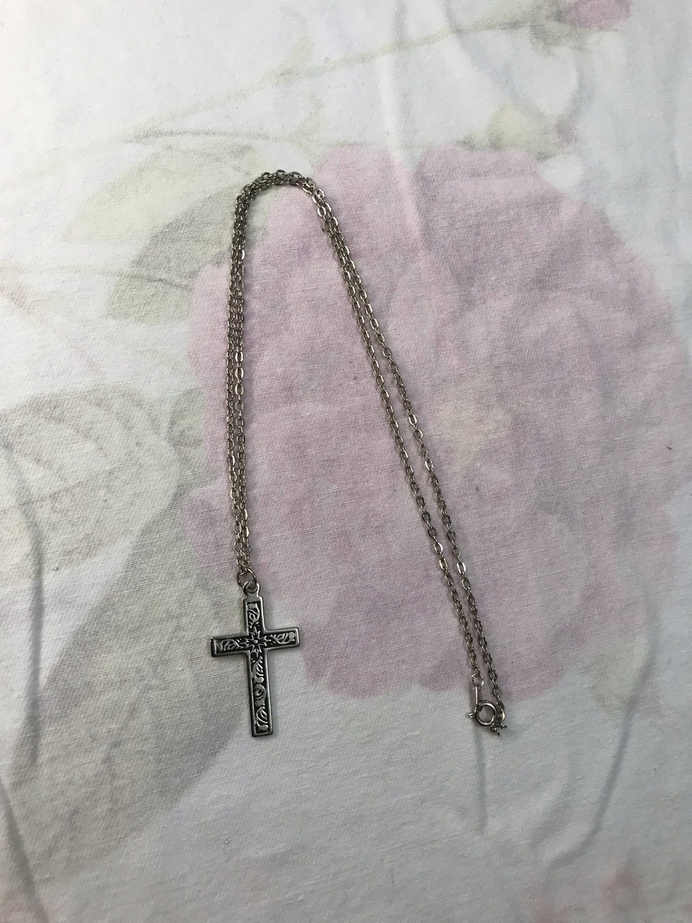 Silver Tone Etched Botanical Cross Pendant on Chain Necklace 20”